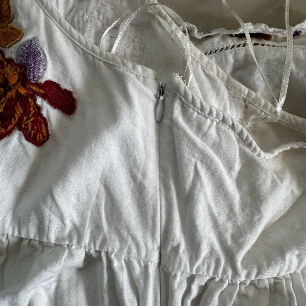 Free People White Mini Dress with Floral Embroidery Medium